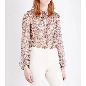 Theory Top Silk Bernetta Floral Crinkle Chiffon Tie Neck Sheer Long Sleeve Sz L